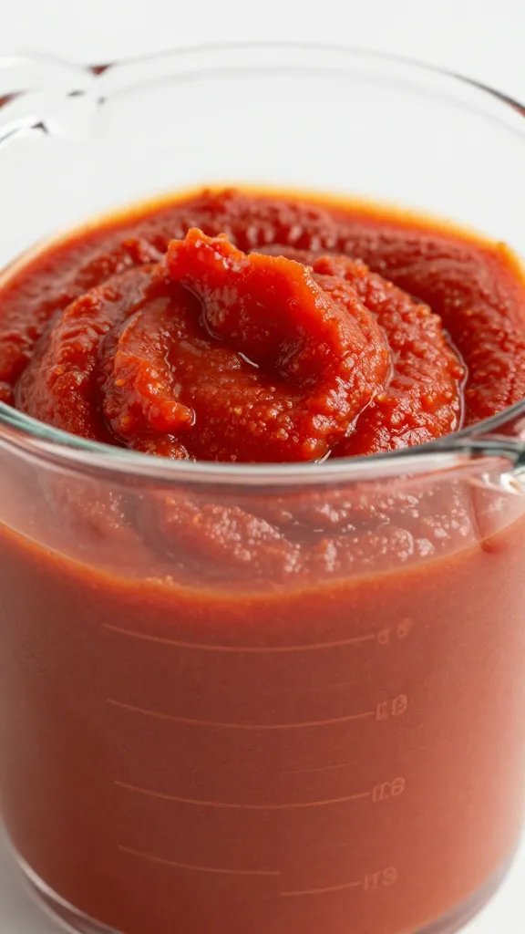 measuring cup of tomato puree, rich red closeup
