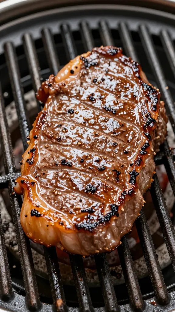 single brushed bulgogi steak on grill grates