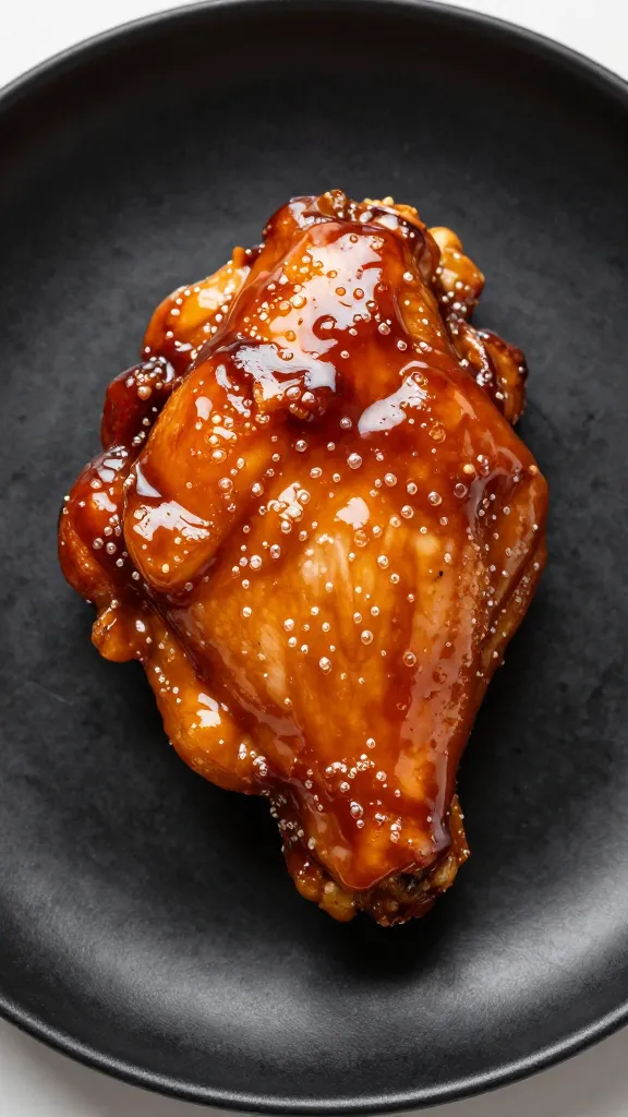 glossy teriyaki chicken thigh on black plate