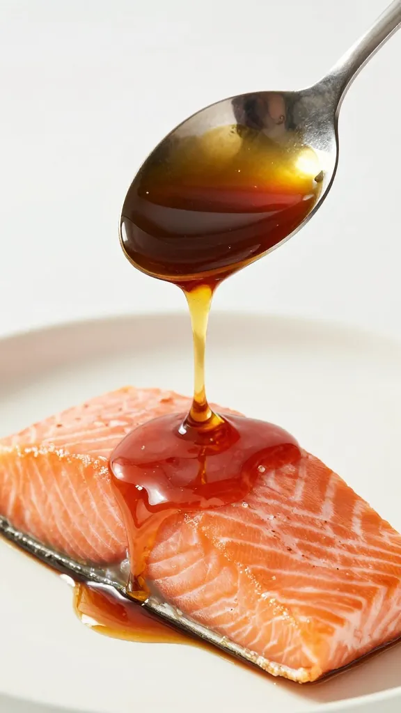 spoon dripping umami marinade over salmon fillet