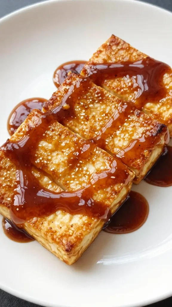seared tofu slab glazed with gluten-free teriyaki