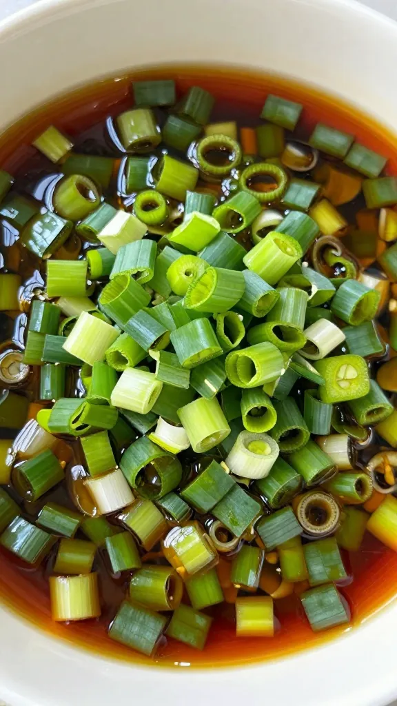 sliced green onion garnish on pooled marinade