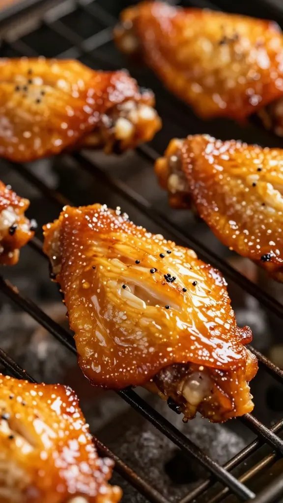 closeup of glazed chicken wing under broiler heat