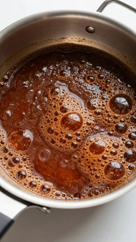 saucepan of reducing BBQ glaze, thick bubbles