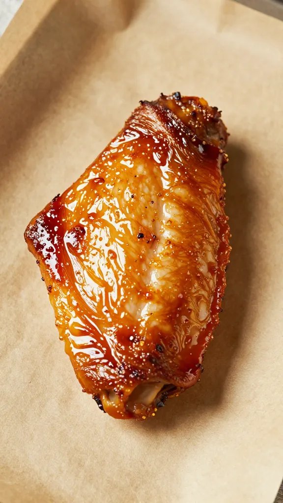 single sauced wing on parchment, caramelized edges
