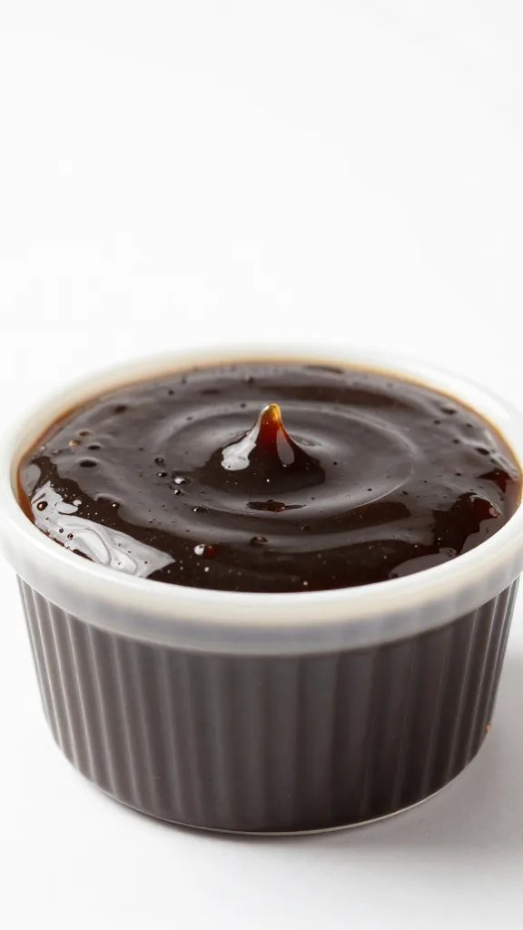 ramekin of sugar-free BBQ glaze, lacquered surface