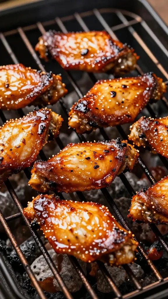 seared wing on grill grates, glaze tacky and set