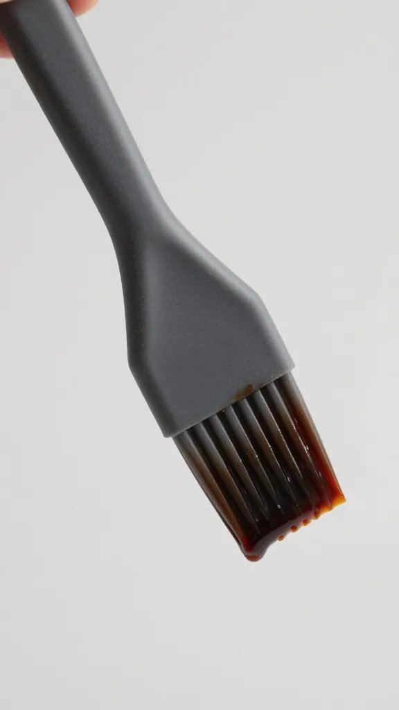 silicone basting brush loaded with dark glaze, macro shot