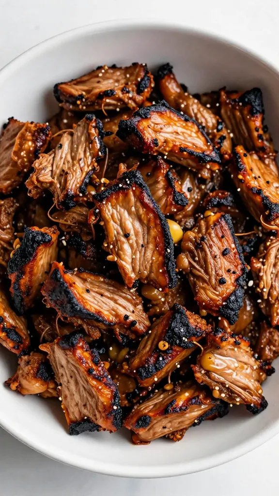 Single bowl of keto pulled pork with charred edges