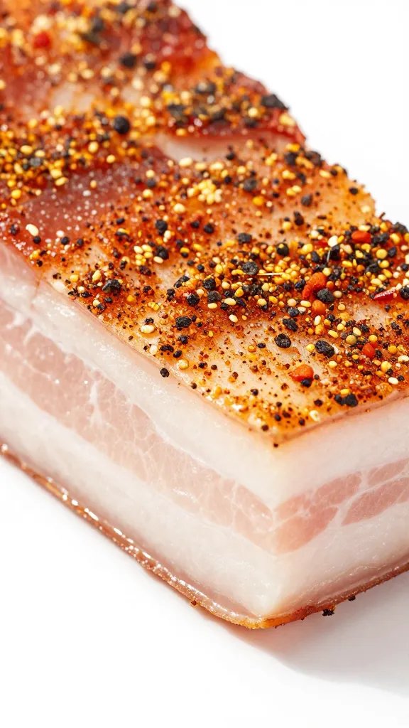 Sliced pork shoulder fat cap, spice-rubbed macro