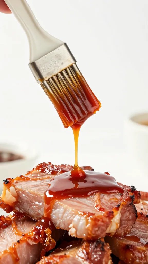 Basting brush dripping keto BBQ sauce on pork