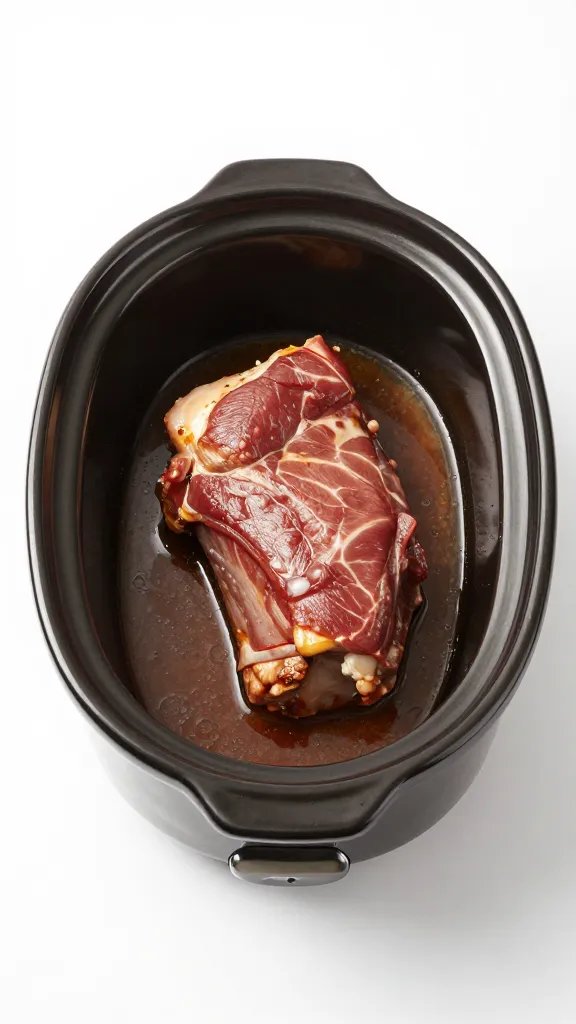 Slow cooker insert with single pork shoulder, sauced