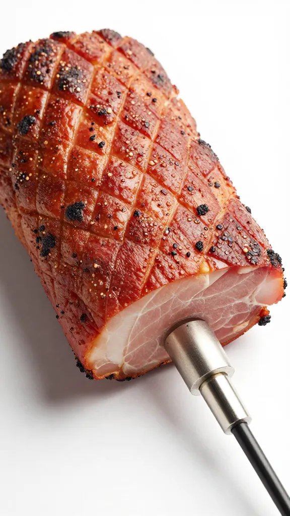 Meat thermometer probe in smoked pork shoulder crust