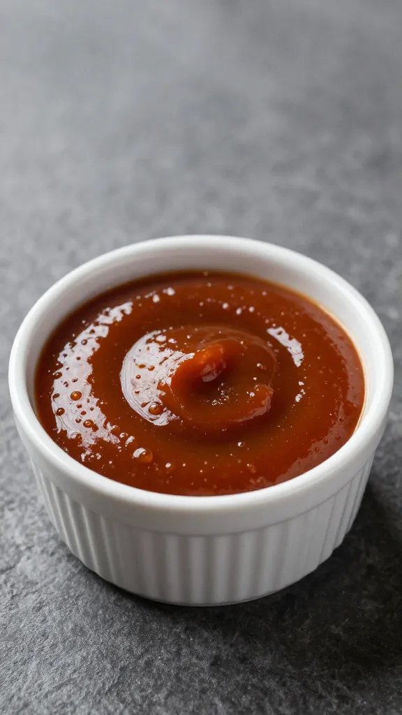 Small ramekin of keto BBQ marinade, glossy surface