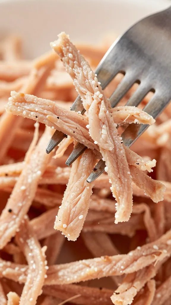 Fork shredding tender pork strands, extreme closeup