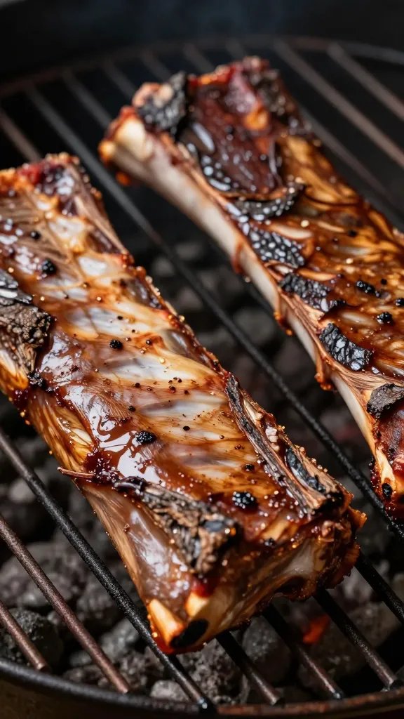 Closeup rack of ribs with mahogany bark on smoker grate
