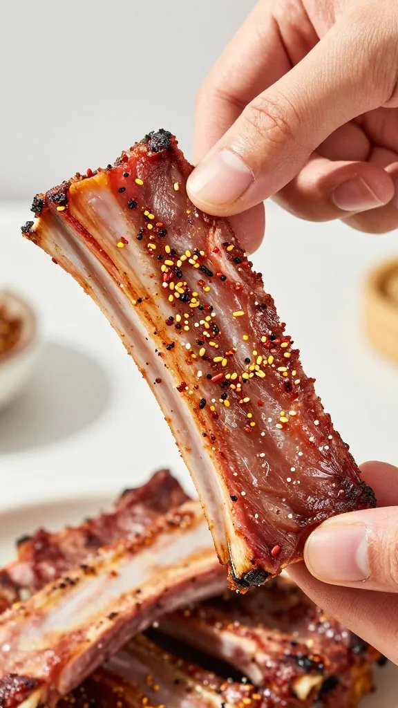 Hand sprinkling low-carb rib rub onto dried pork ribs