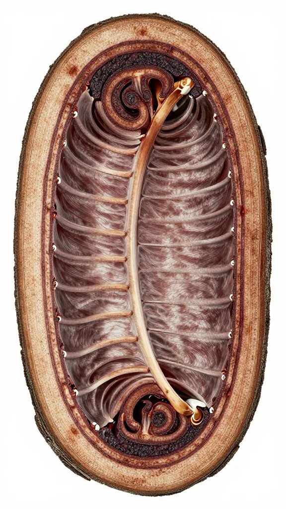 Cross-section slice of rib showing dark bark and smoke ring