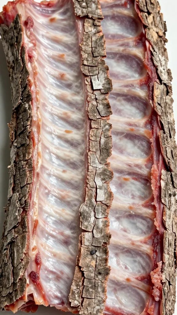Brushed-off fat-rendered rib surface with crackled bark