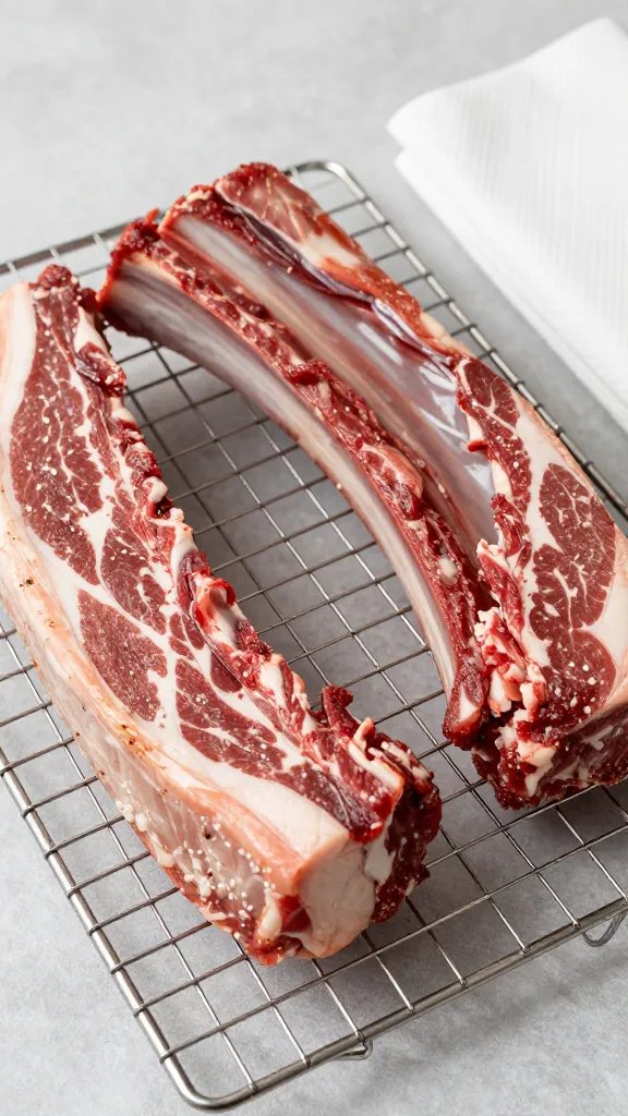 Pat-dried raw rib rack on wire rack, paper towel nearby