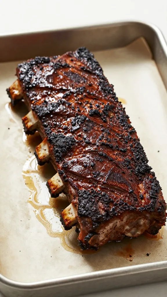 Oven-baked rib rack on sheet pan with deep mahogany crust
