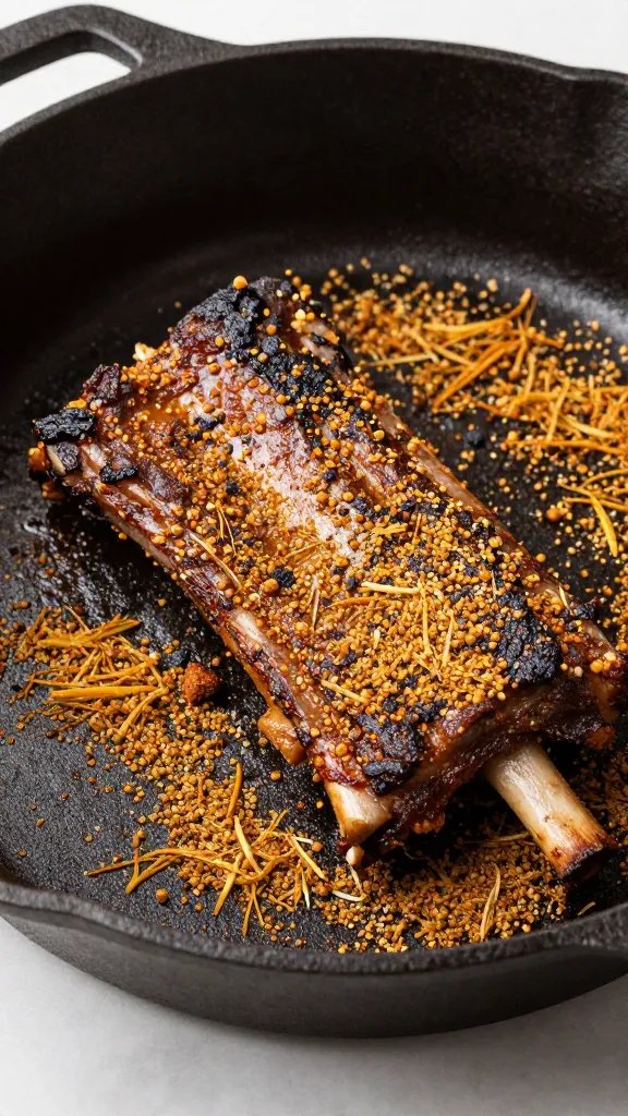 Cast-iron skillet of toasted spices for low-carb rib rub