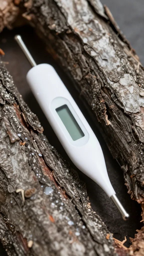 Digital thermometer probe in rib rack with bark closeup