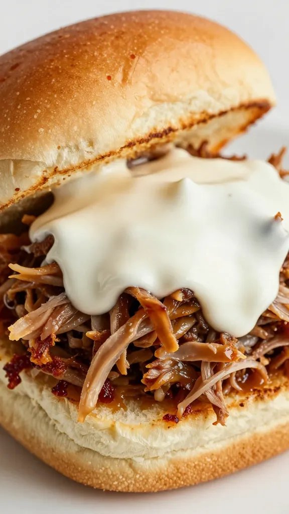 pulled pork slider topped with Alabama white sauce, closeup