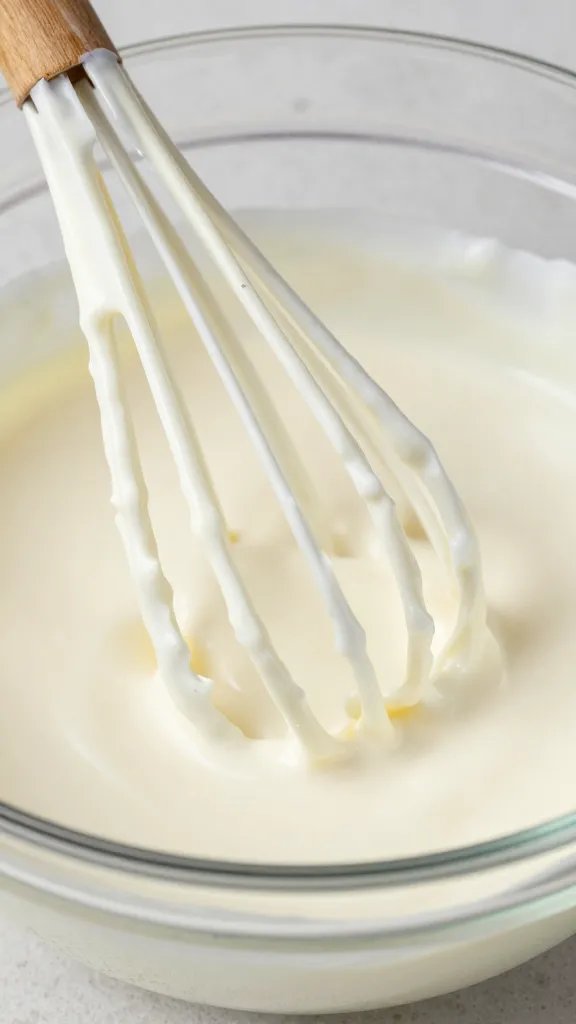 whisk coated in Alabama white sauce over glass bowl, closeup