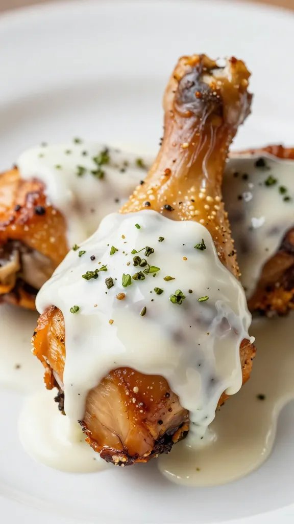 smoked chicken drumstick with peppery white sauce, macro