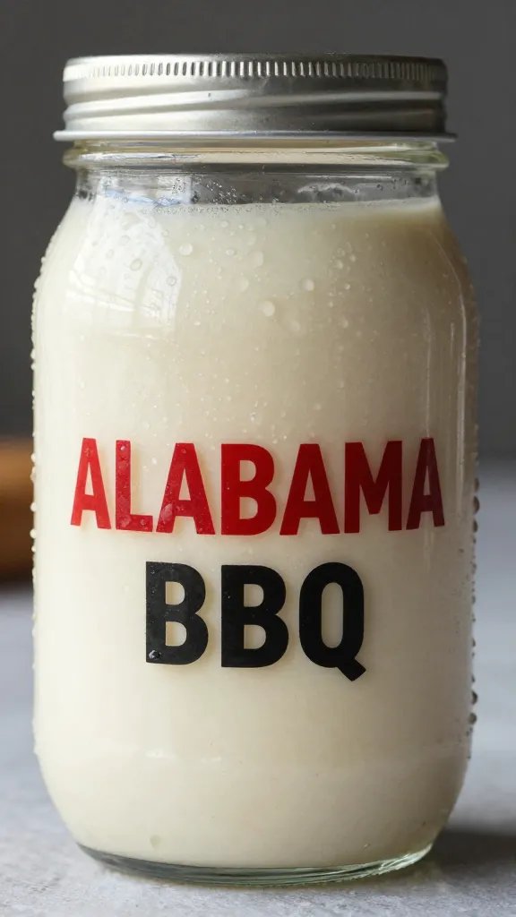 mason jar of Alabama white BBQ sauce, condensation beads