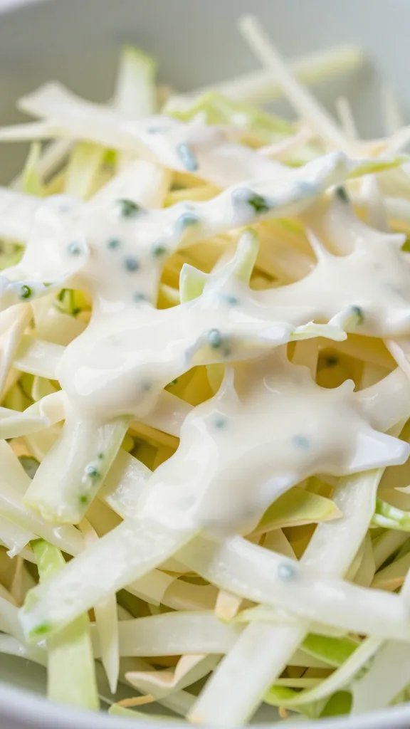 cabbage slaw lightly dressed with Alabama white sauce, closeup