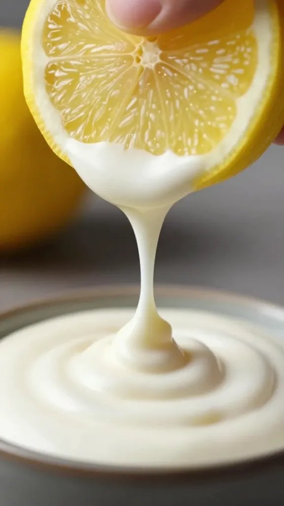 lemon wedge squeezed over Alabama white sauce, macro drip