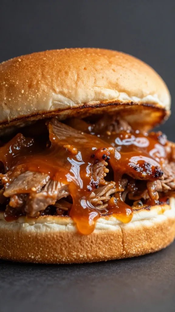Single pulled pork sandwich dripping sugar-free KC sauce