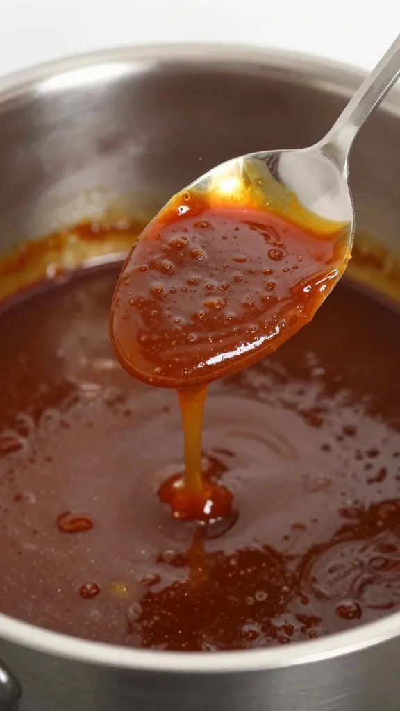 Spoonful of thick sugar-free KC sauce over saucepan