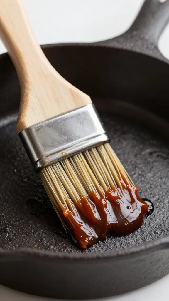 Closeup of sauce-coated basting brush on cast-iron