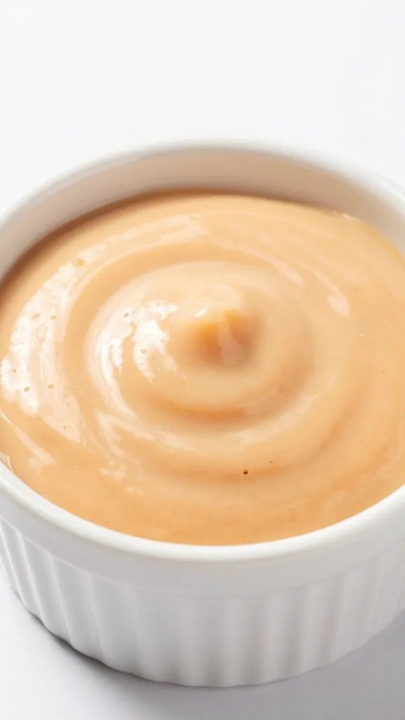 White ramekin filled with sugar-free KC sauce, glossy top