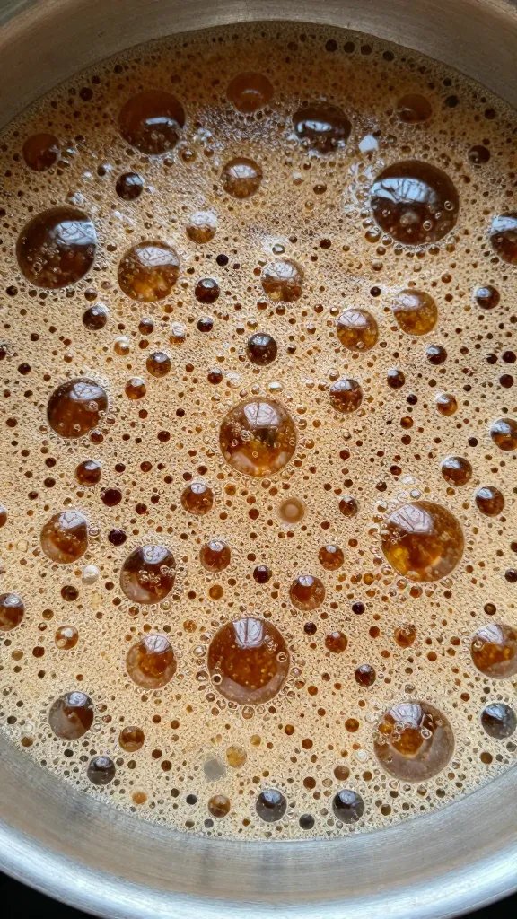 Closeup of simmering sugar-free KC sauce bubbles in pot