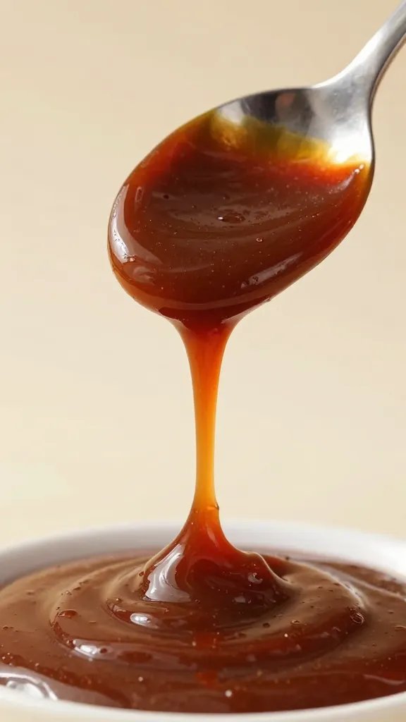 closeup of glossy keto bbq sauce spoon drizzle
