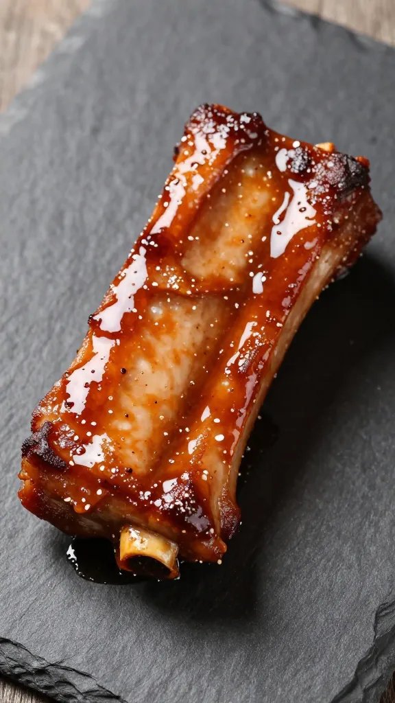 single sauced pork rib on dark slate
