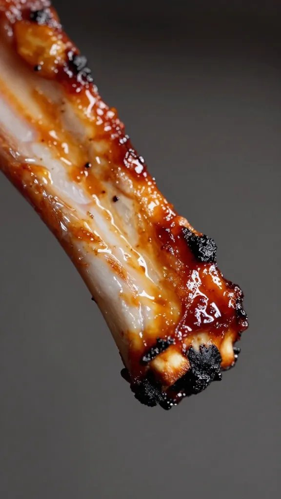 closeup of smoke-kissed rib end with sticky glaze
