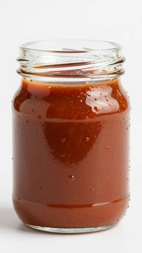 small glass jar of keto bbq sauce, condensation beads