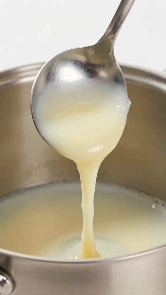 thick sauce ribbon on stainless spoon over pot
