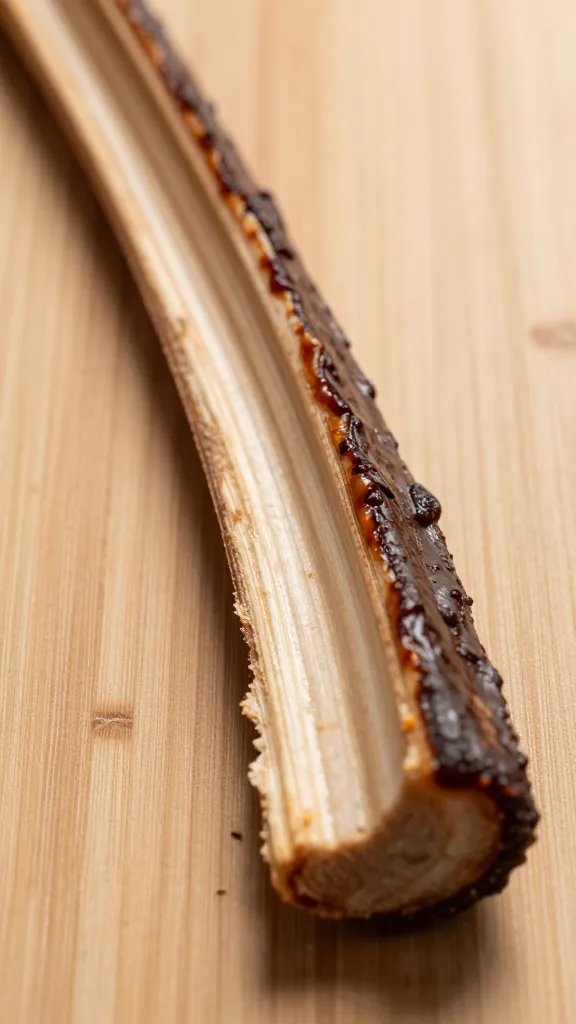 closeup of sauce-lacquered rib cross-section on board