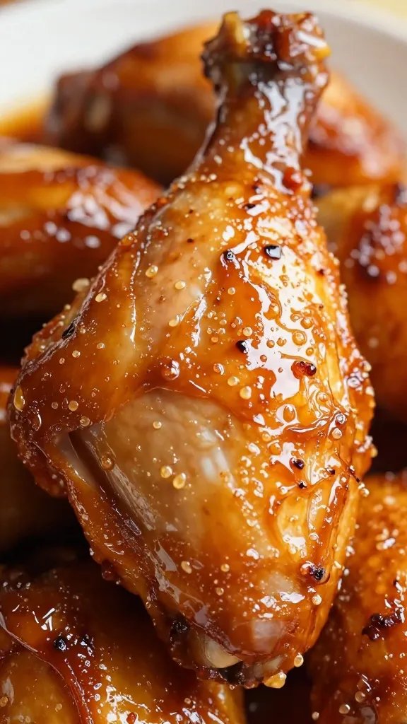 closeup of lacquered rotisserie chicken thigh under glossy glaze