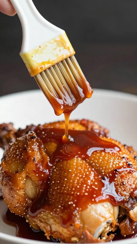 basting brush dripping warm bbq sauce over chicken skin