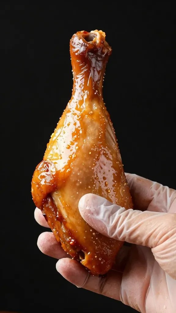 gloved hand holding rotisserie chicken leg, glossy finish