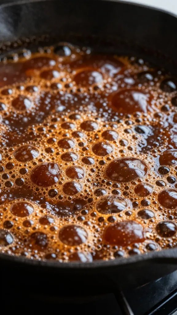 cast-iron pan of simmering bbq sauce bubbles, closeup