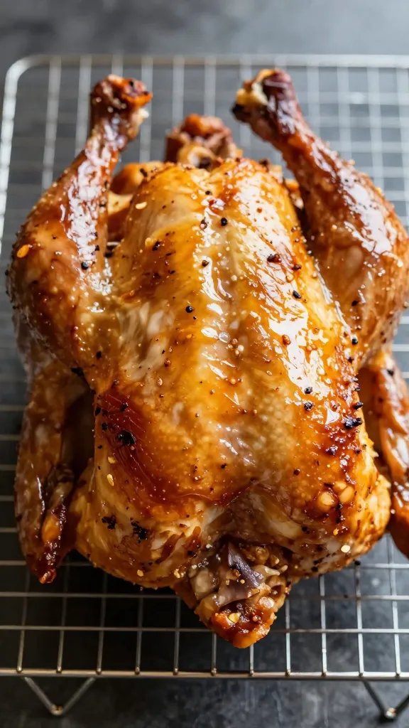 single rotisserie chicken resting on wire rack, glossy skin