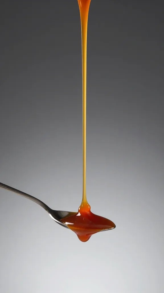 spoon hovering with thick sauce ribbon, studio lighting